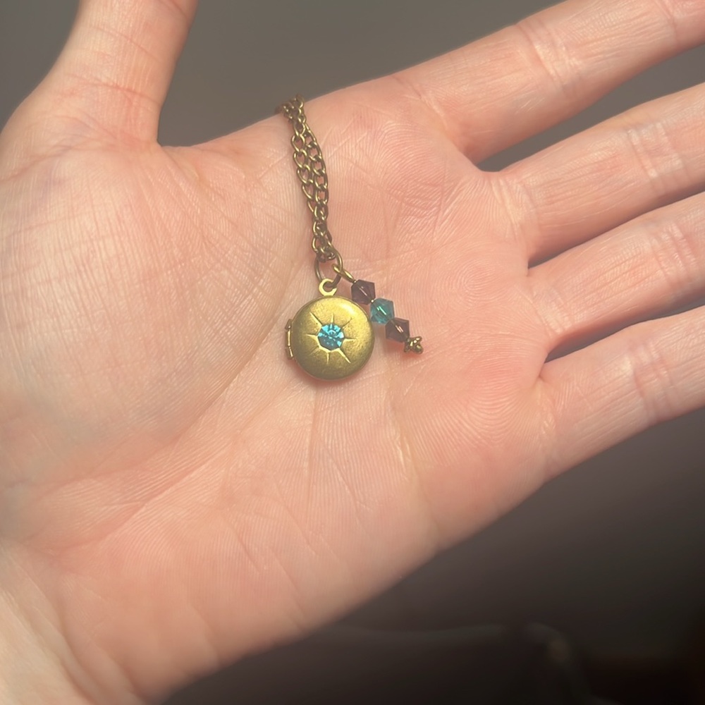 Mini dainty gold locket necklace with teal and purple Swarovski crystals